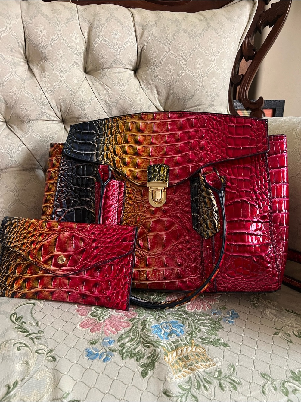 Multi-Color Croc-Embossed Leather Tote with Matching Wallet